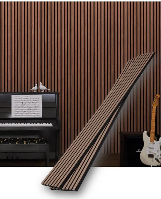 AKUSLAT 94.49” X 23.62” Each Box Two-piece Smoked Acoustic Wood Veneer Slat Wall Panels for Interior Wall And Ceilings Decor